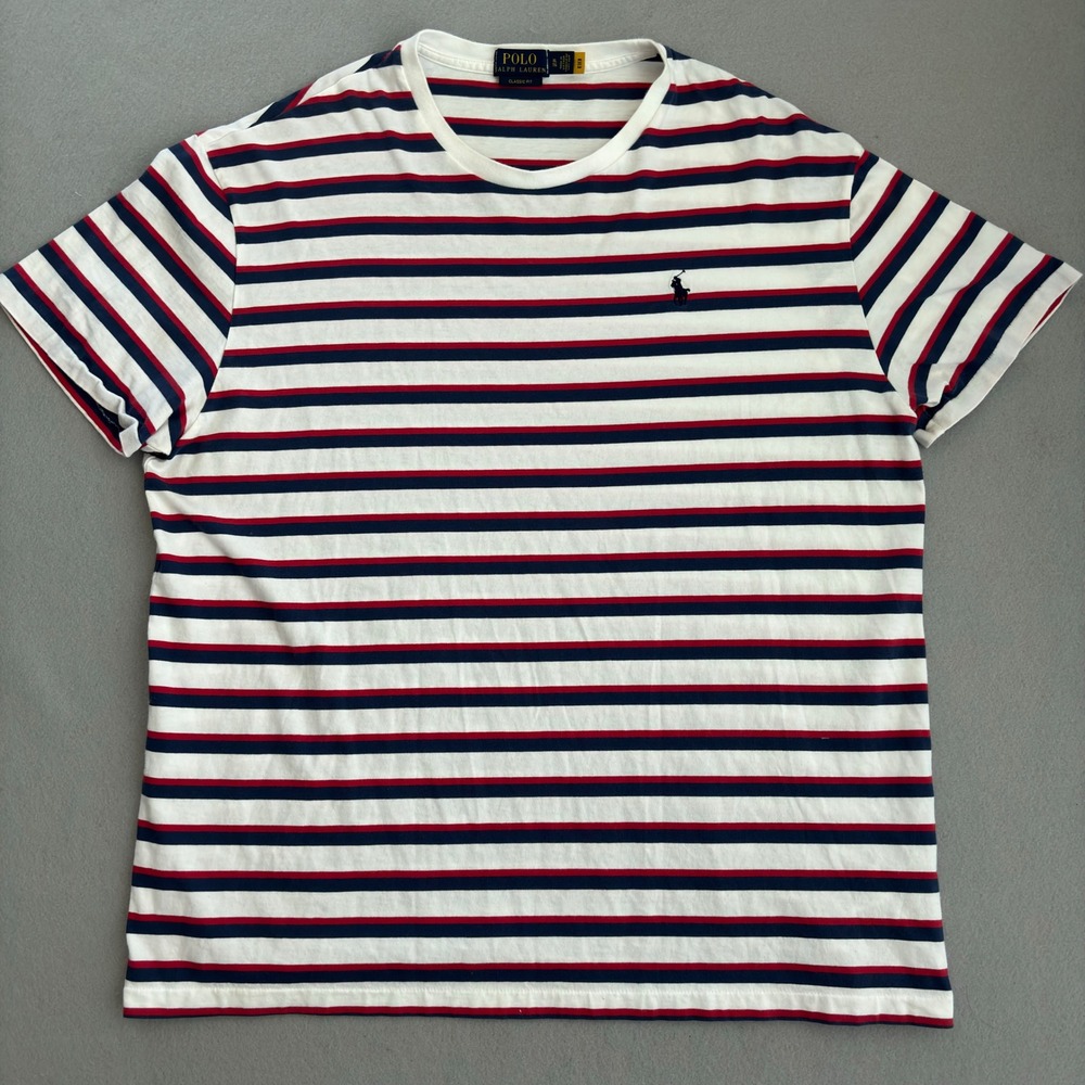 Polo Ralph Lauren Mens XL Classic Fit Striped T-Shirt Red White Navy Blue Pony